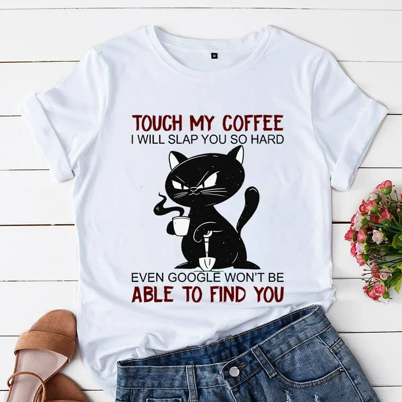 Comic T-shirt 'Touch My Coffee' Black Cat