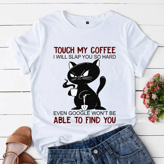 Comic T-shirt 'Touch My Coffee' Black Cat