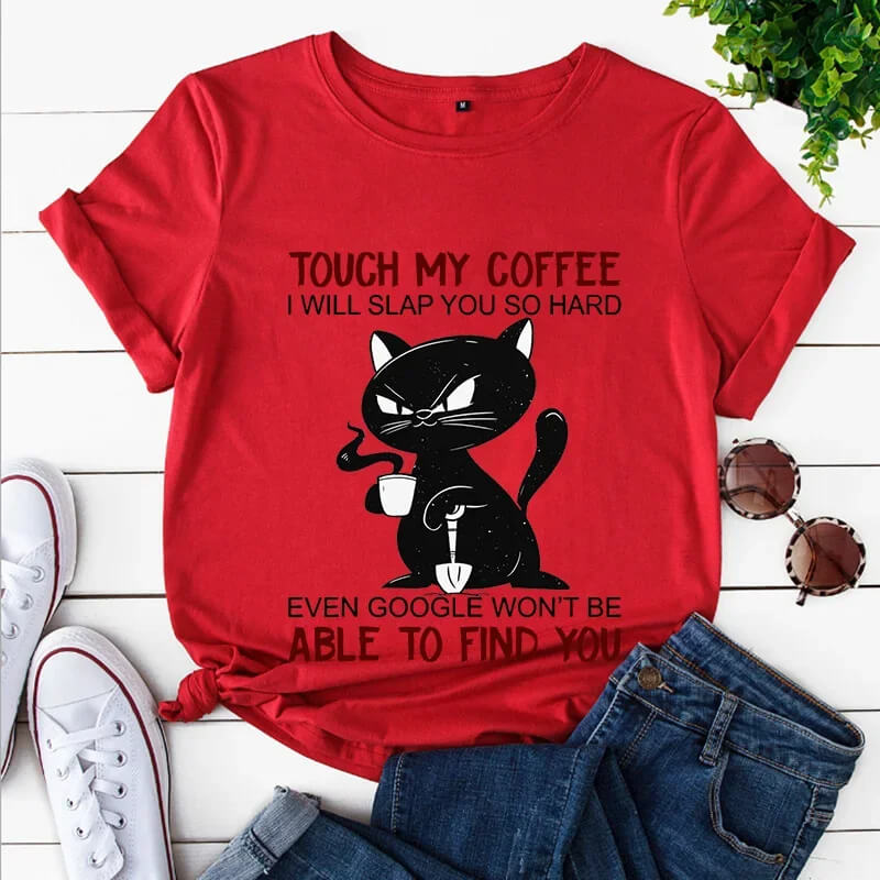 Comic T-shirt 'Touch My Coffee' Black Cat