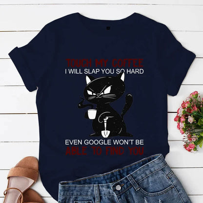 Comic T-shirt 'Touch My Coffee' Black Cat