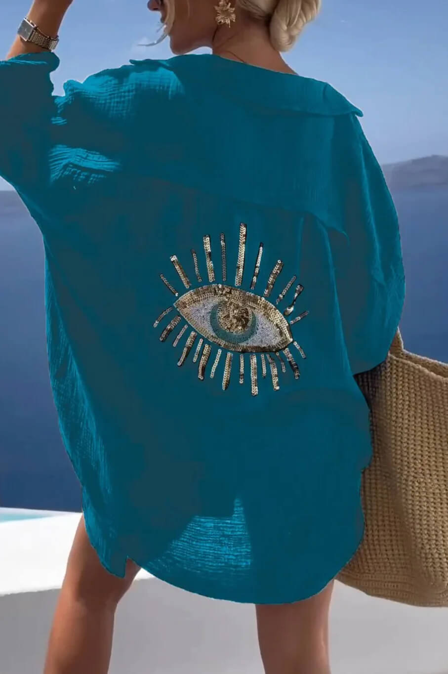 Summer Chic: Women's Sequin Eye Beach Shirt Dress