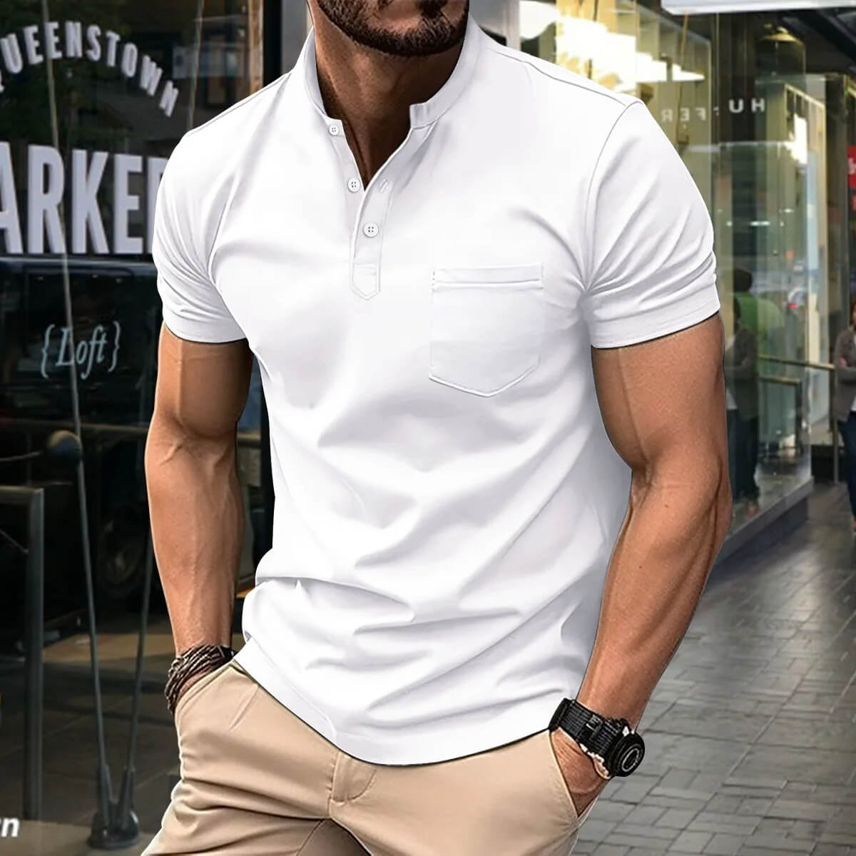 Fashion Men's Casual Stand Collar Pocket T-Shirt