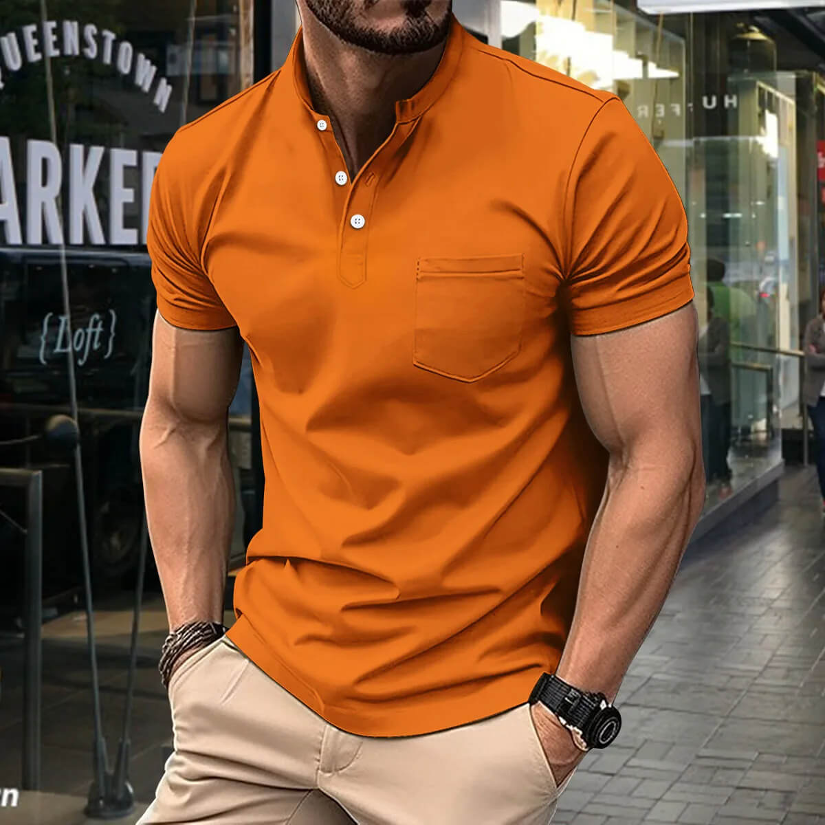 Fashion Men's Casual Stand Collar Pocket T-Shirt